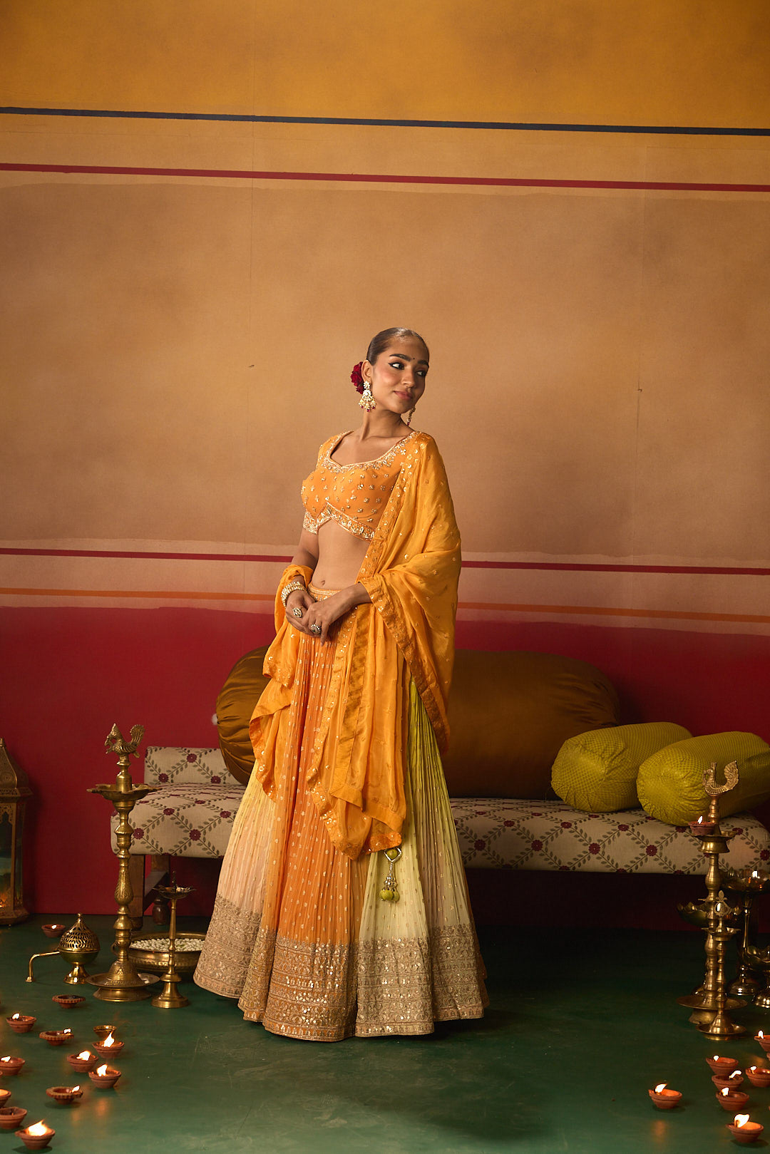 Neerus Orange Embroidery work georgette fabric ghagra set