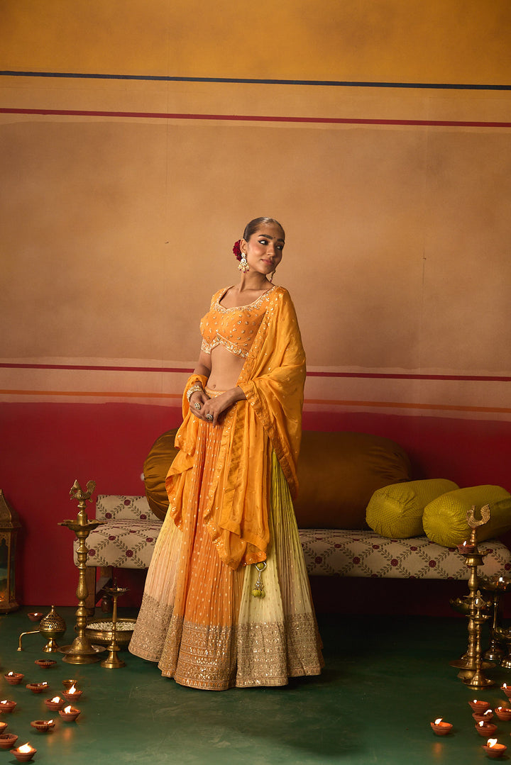 Neerus Orange Embroidery work georgette fabric ghagra set