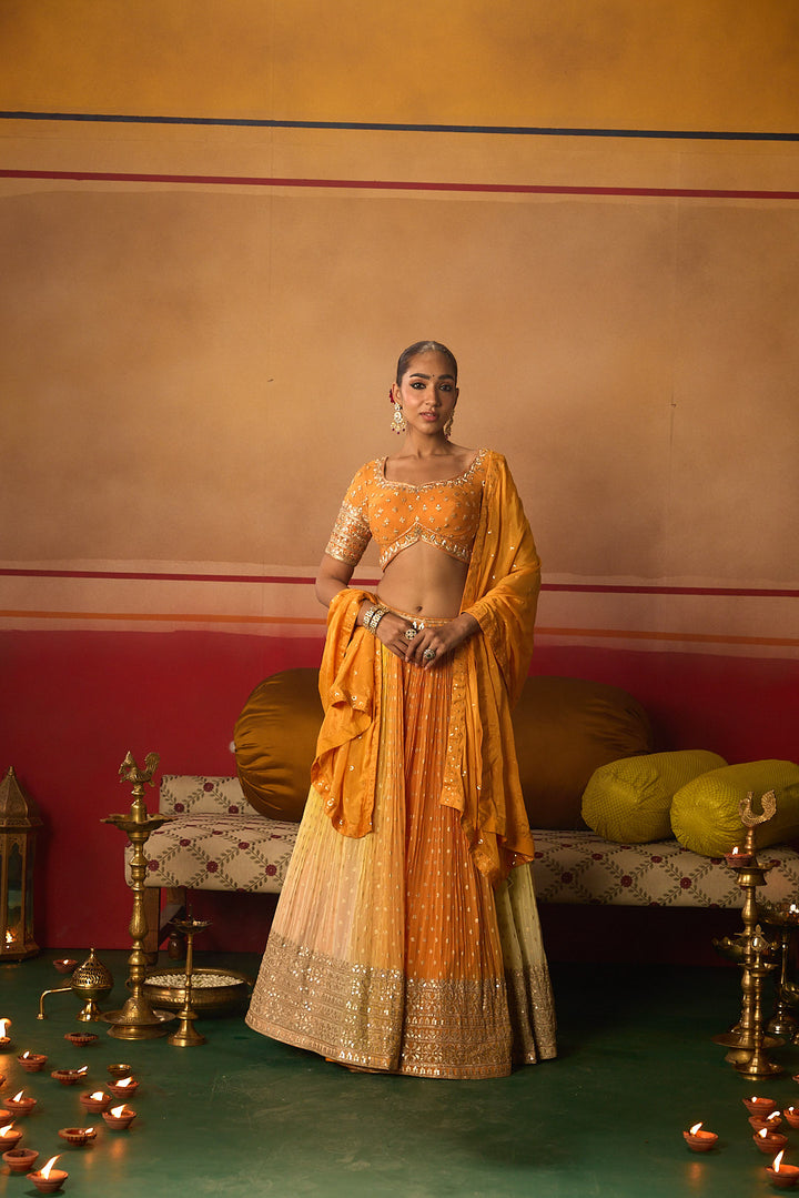 Neerus Orange Embroidery work georgette fabric ghagra set