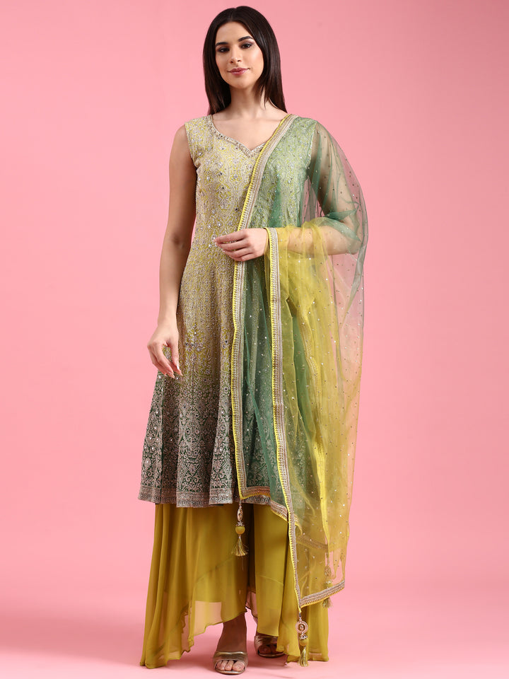 Variyali Green Heavily Embroidered Short Kali Palazzo Suit