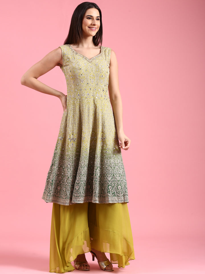 Variyali Green Heavily Embroidered Short Kali Palazzo Suit
