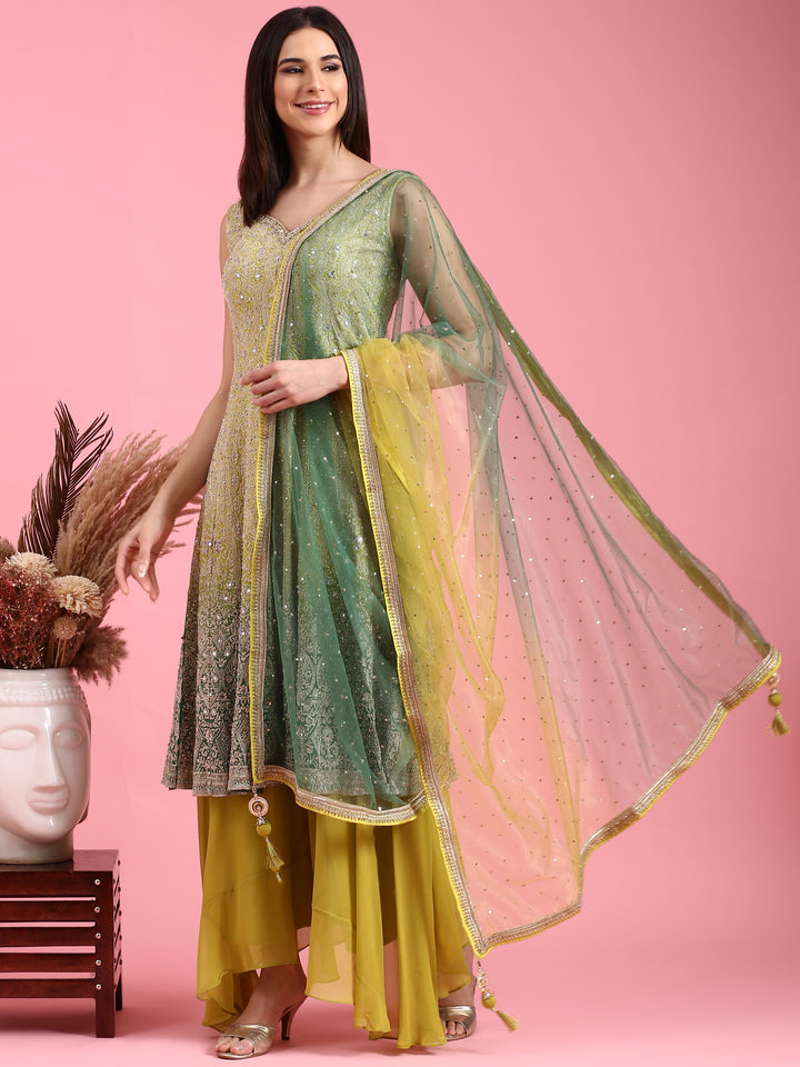 Variyali Green Heavily Embroidered Short Kali Palazzo Suit