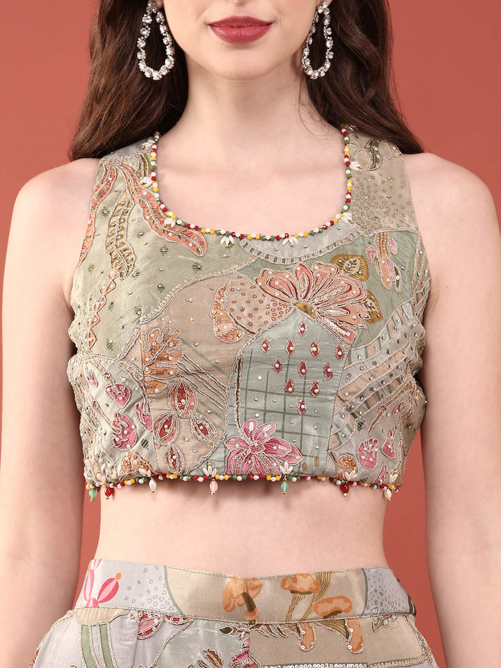 Sea Green Crepe Heavy Hand Embroidery Set With Jacket