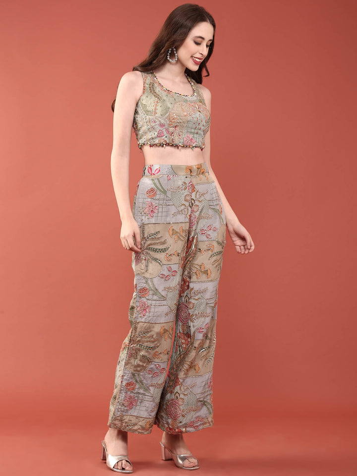 Sea Green Crepe Heavy Hand Embroidery Set With Jacket