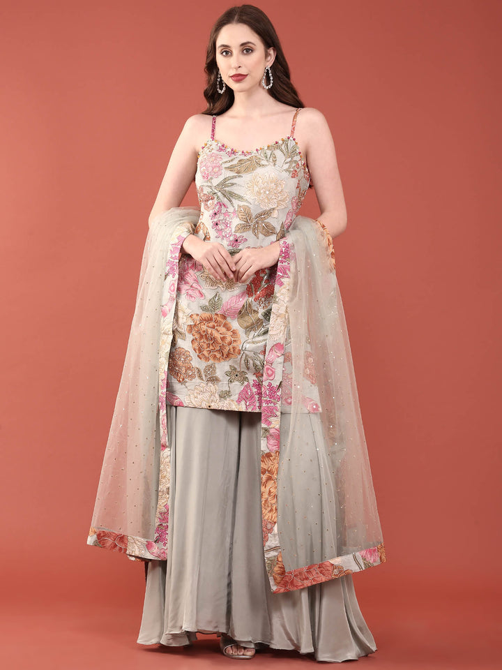 Grey Crepe With Beads And Stones Hand Embroidered Palazzo Set