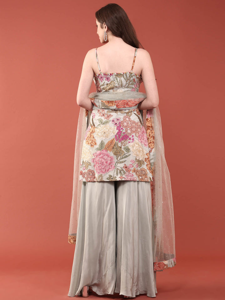 Grey Crepe With Beads And Stones Hand Embroidered Palazzo Set