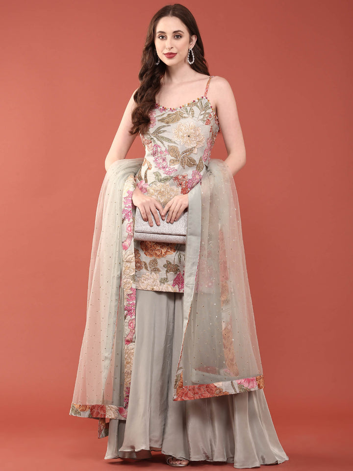 Grey Crepe With Beads And Stones Hand Embroidered Palazzo Set