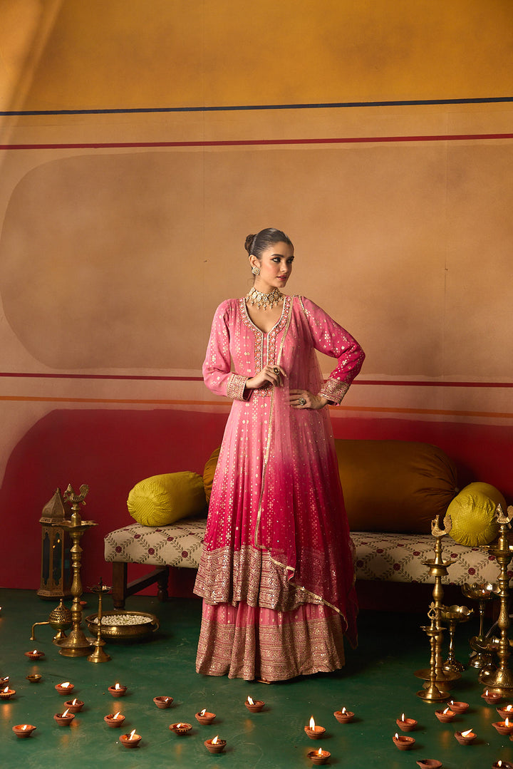 Neerus Pink Embroidery Work Chinon Fabric Anarkali and Trouser With Dupatta