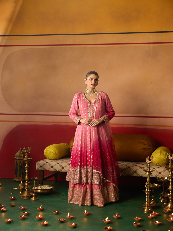 Neerus Pink Embroidery Work Chinon Fabric Anarkali and Trouser With Dupatta