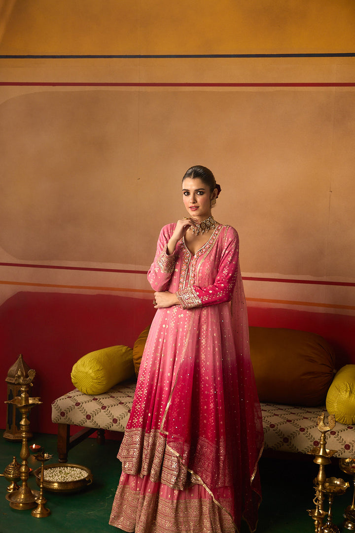 Neerus Pink Embroidery Work Chinon Fabric Anarkali and Trouser With Dupatta