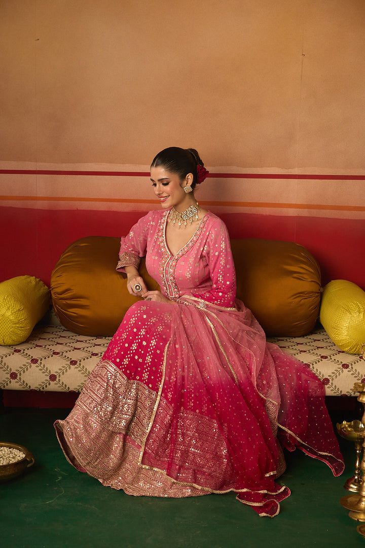 Neerus Pink Embroidery Work Chinon Fabric Anarkali and Trouser With Dupatta