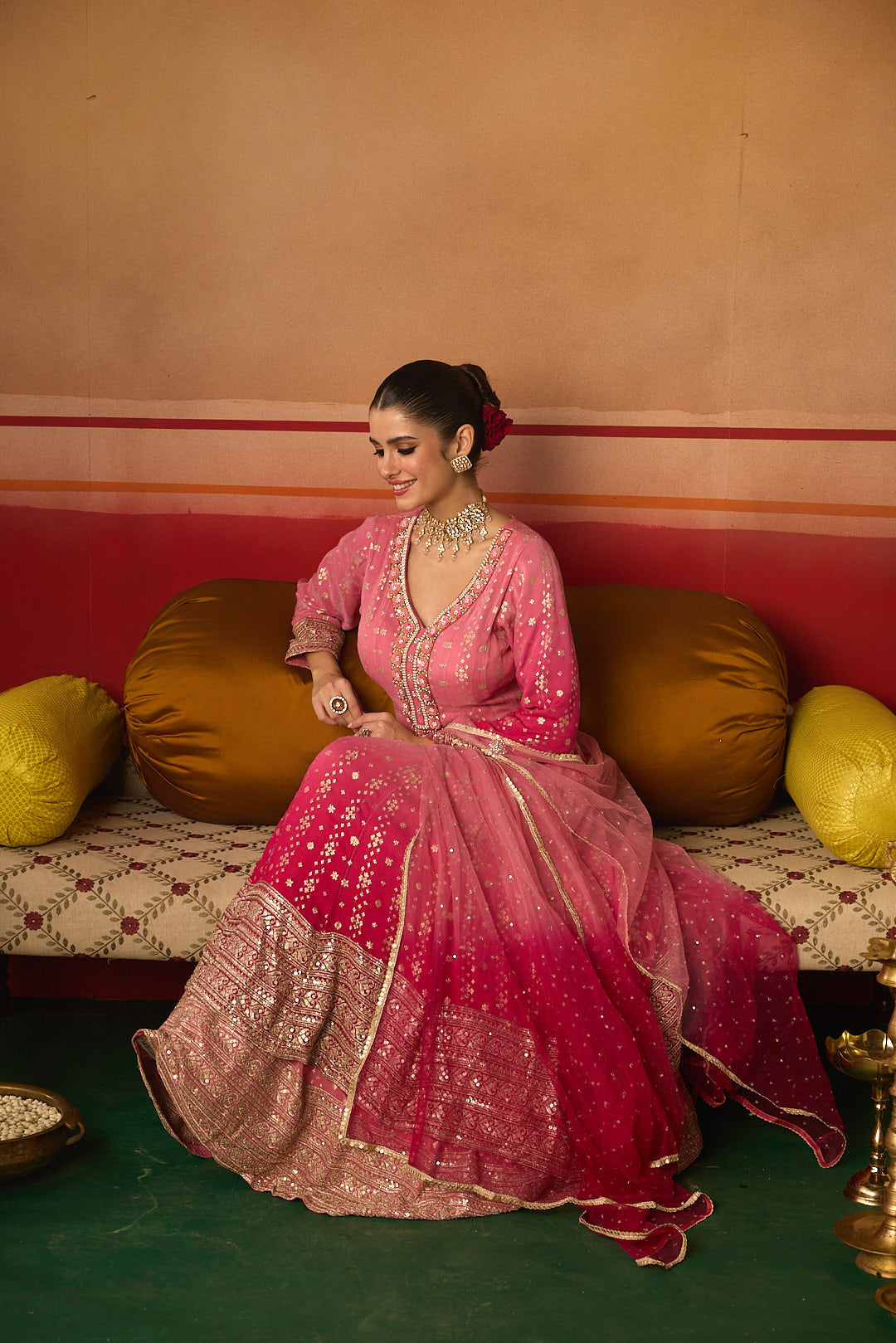 Neerus Pink Embroidery Work Chinon Fabric Anarkali and Trouser With Dupatta