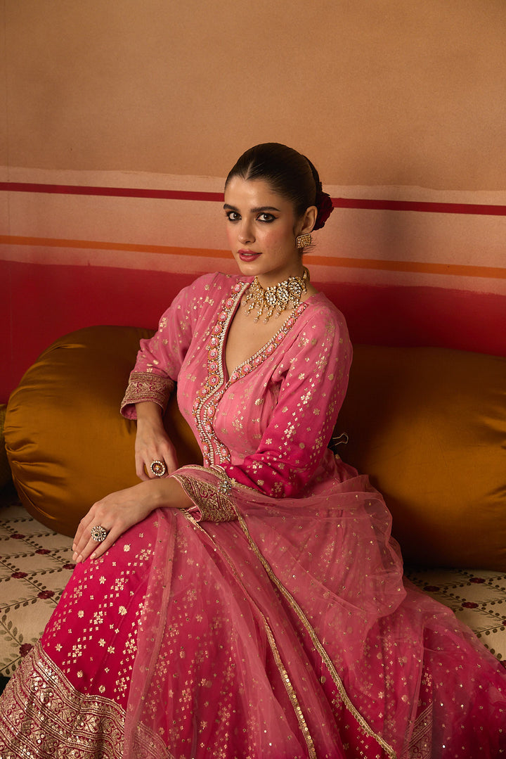 Neerus Pink Embroidery Work Chinon Fabric Anarkali and Trouser With Dupatta
