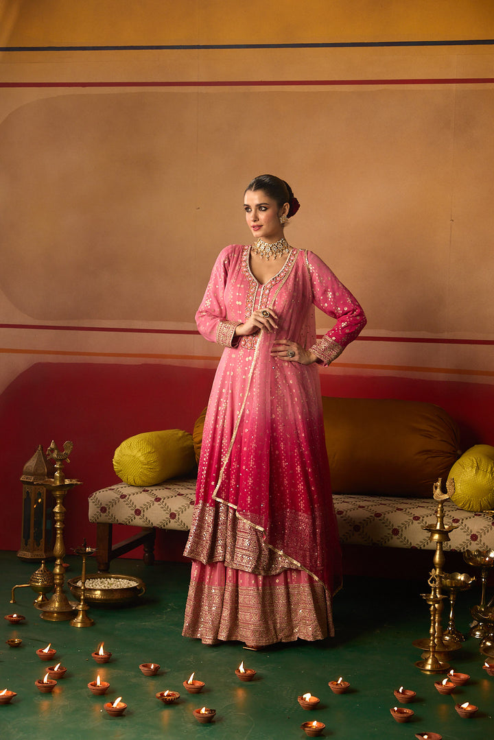 Neerus Pink Embroidery Work Chinon Fabric Anarkali and Trouser With Dupatta