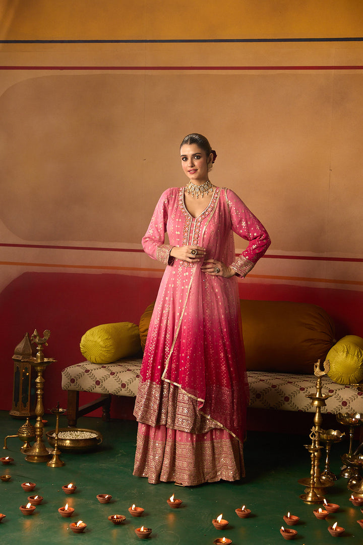 Neerus Pink Embroidery Work Chinon Fabric Anarkali and Trouser With Dupatta
