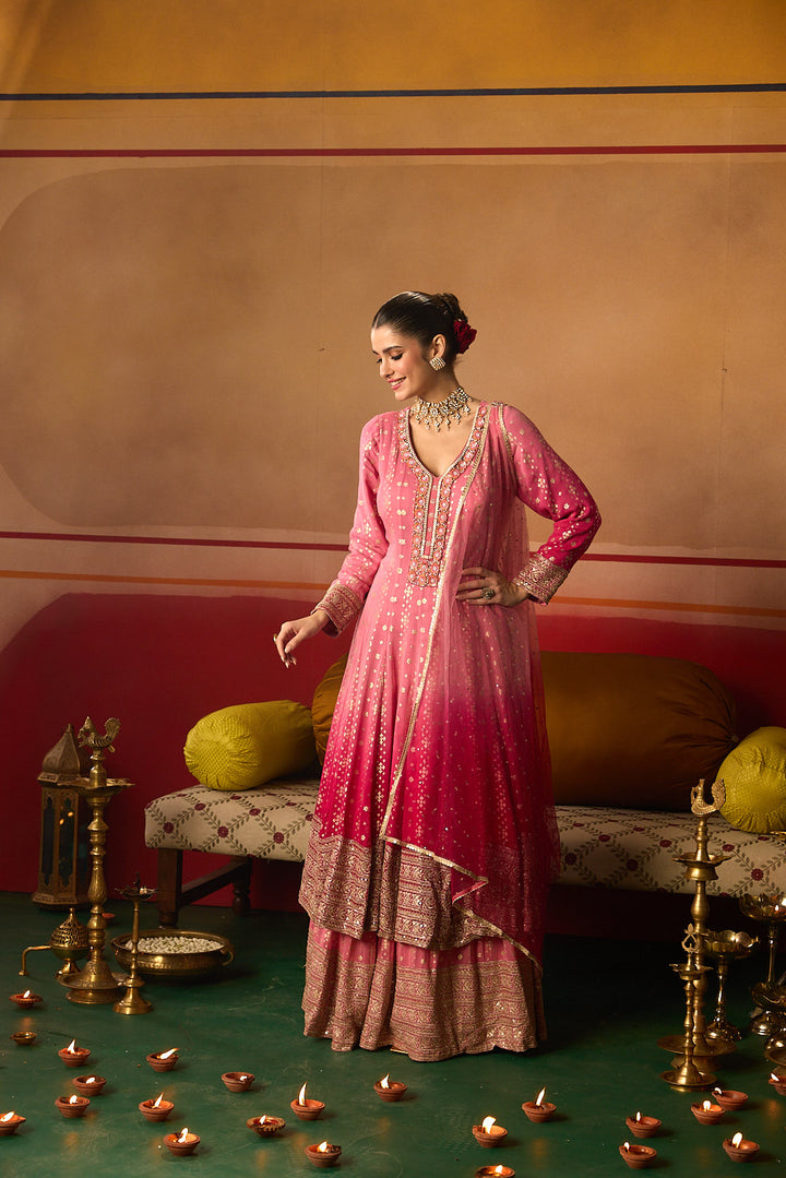Neerus Pink Embroidery Work Chinon Fabric Anarkali and Trouser With Dupatta