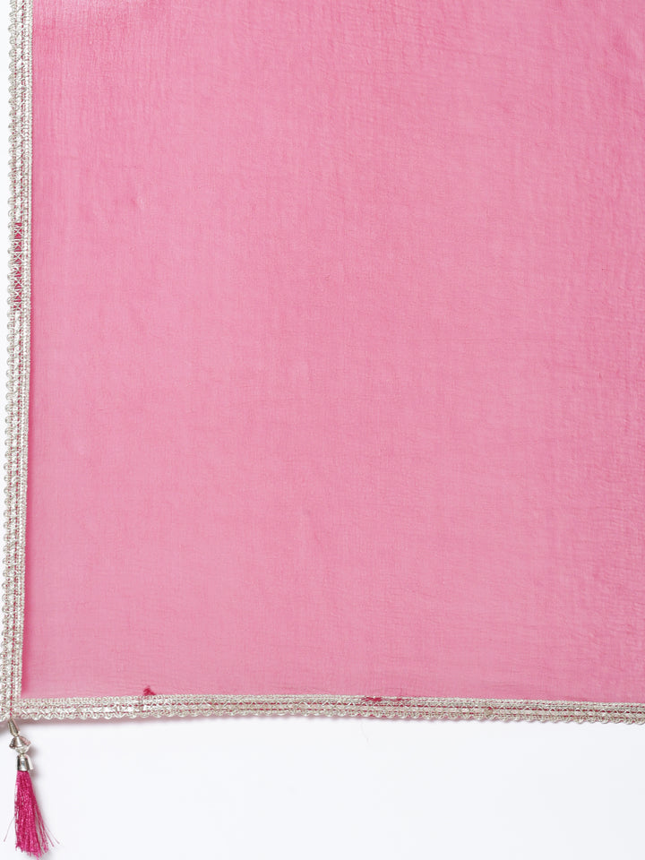 Rani pink embroidered short anarkali and palazzo three piece set