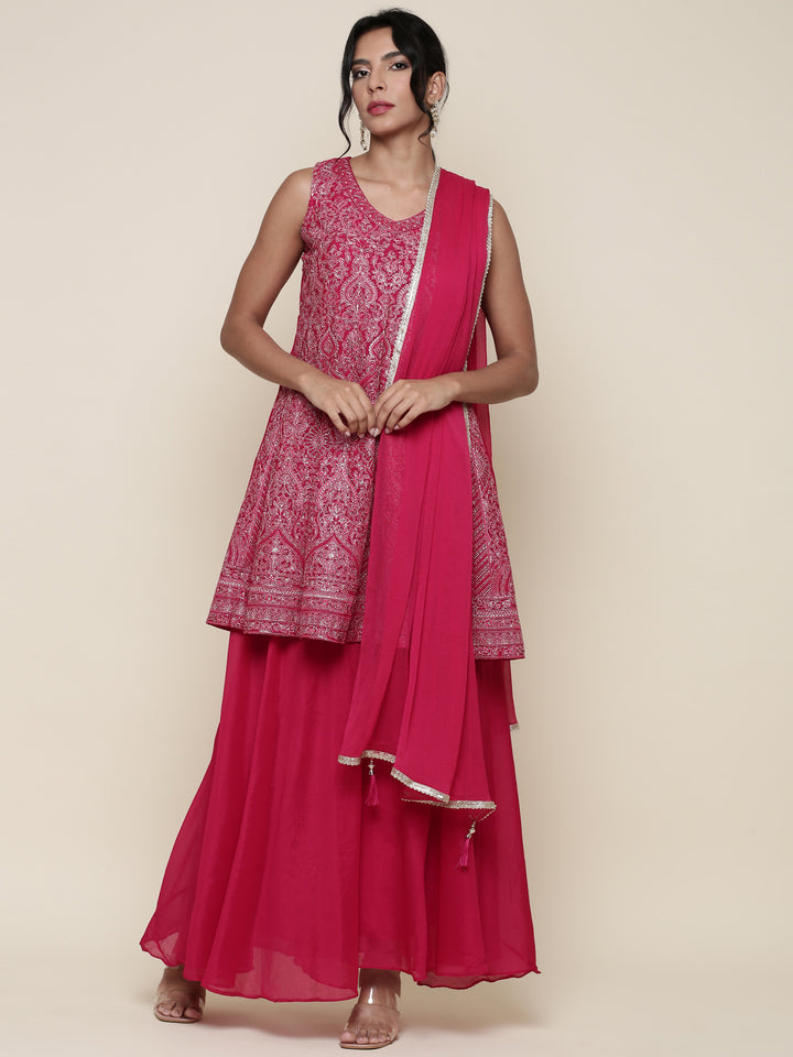 Rani pink embroidered short anarkali and palazzo three piece set