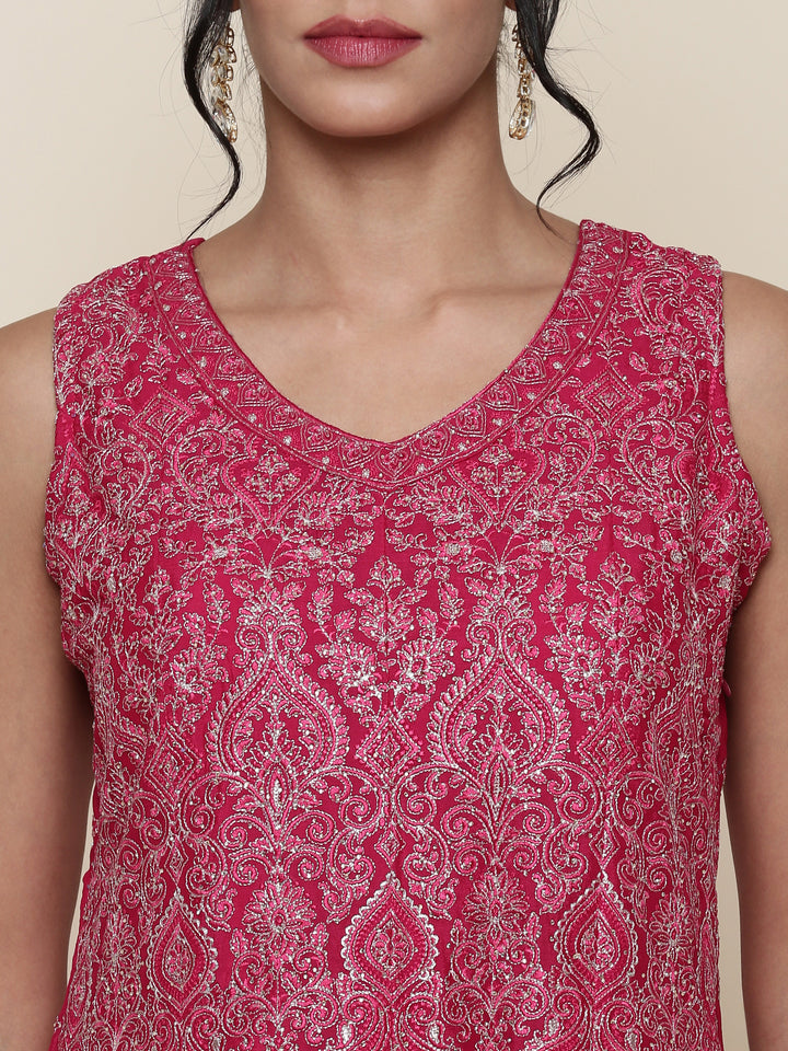 Rani pink embroidered short anarkali and palazzo three piece set