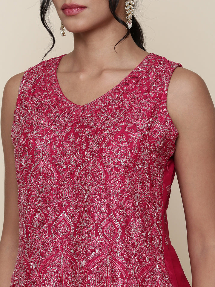 Rani pink embroidered short anarkali and palazzo three piece set