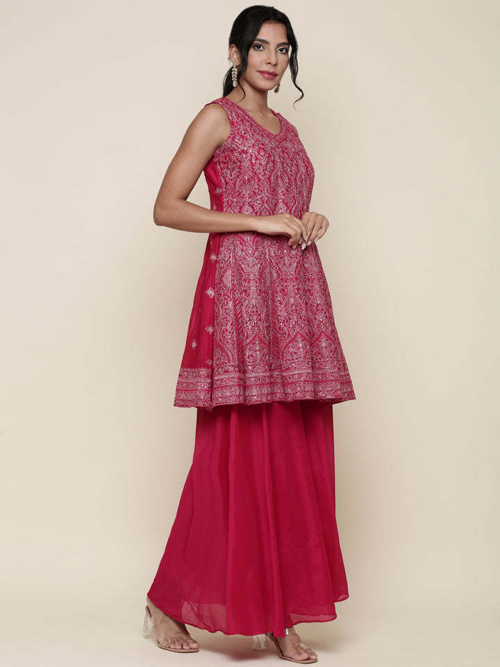 Rani pink embroidered short anarkali and palazzo three piece set