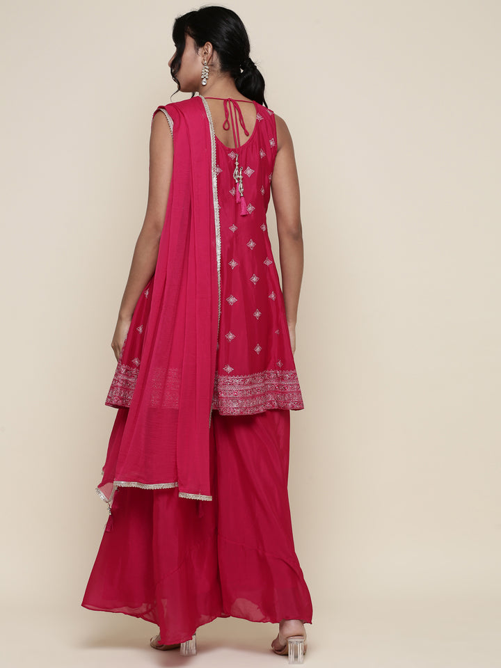 Rani pink embroidered short anarkali and palazzo three piece set
