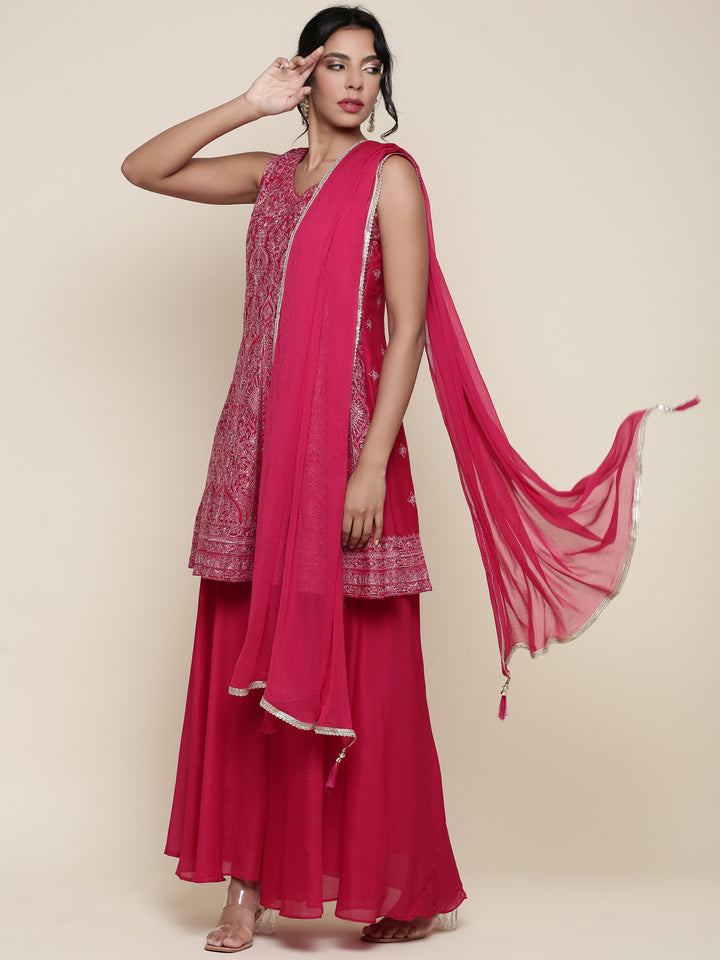 Rani pink embroidered short anarkali and palazzo three piece set