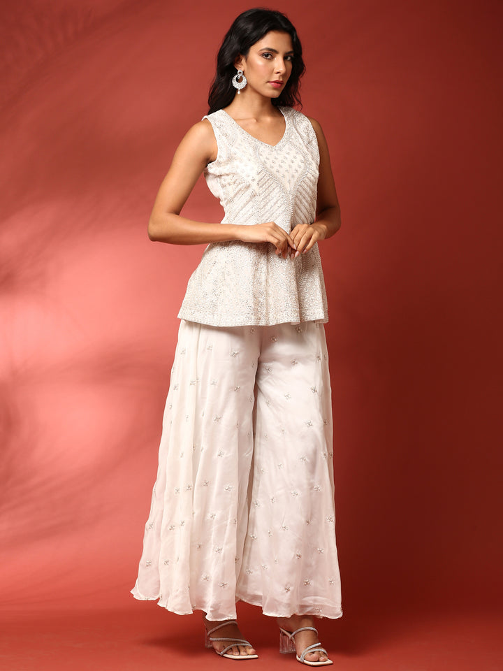 White Georgette Hand Embroidered three piece sharara set