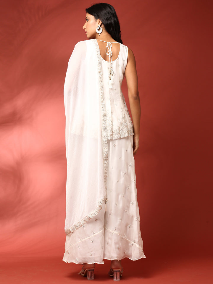 White Georgette Hand Embroidered three piece sharara set