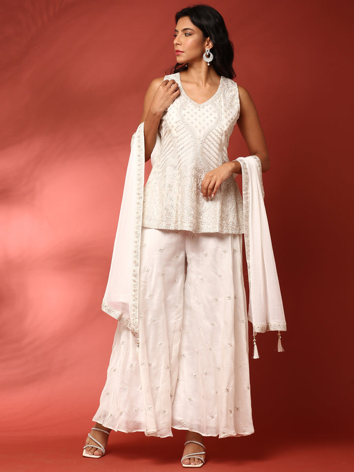 White Georgette Hand Embroidered three piece sharara set