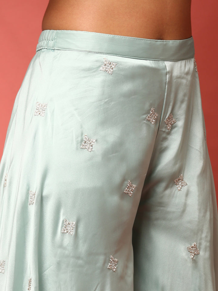 Aqua green hand embroidered three piece palazzo set