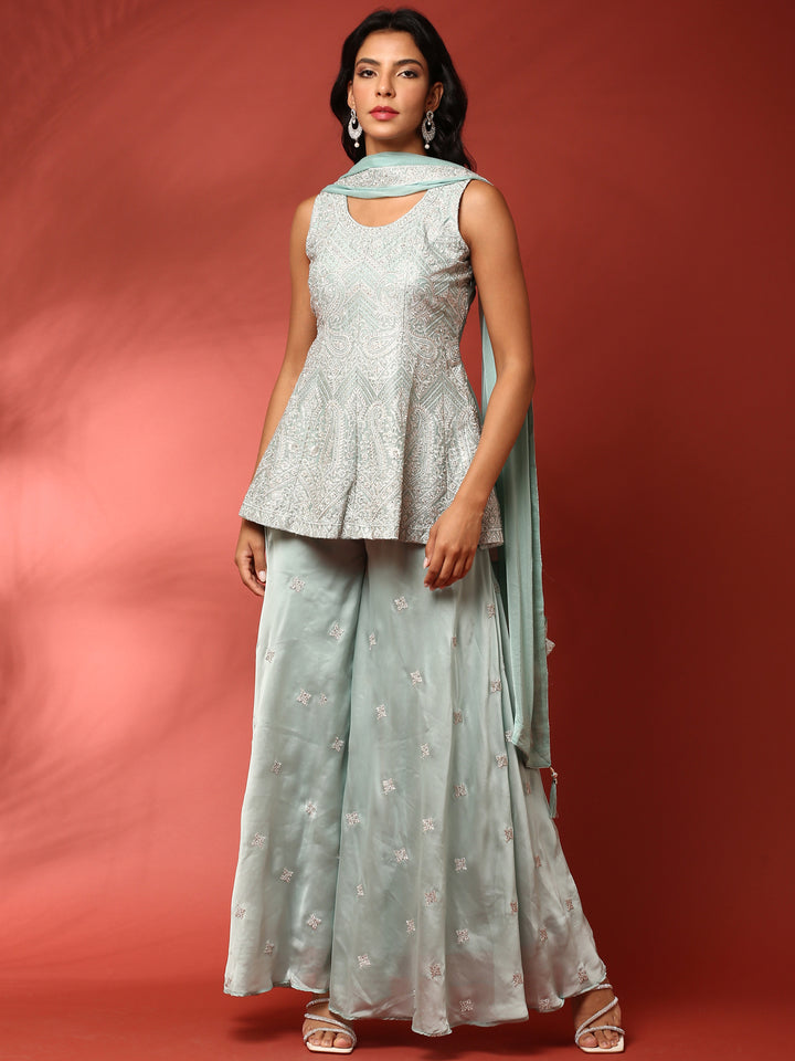 Aqua green hand embroidered three piece palazzo set