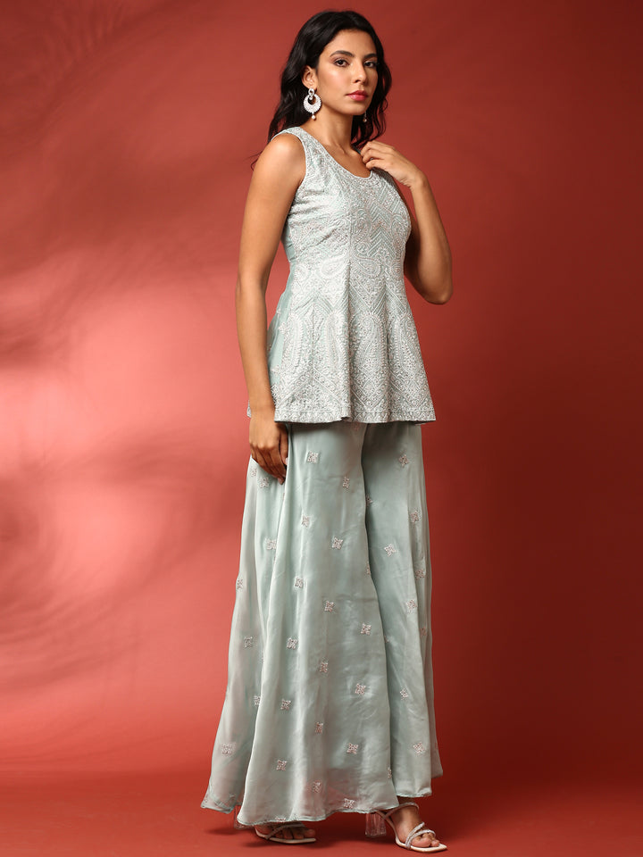 Aqua green hand embroidered three piece palazzo set