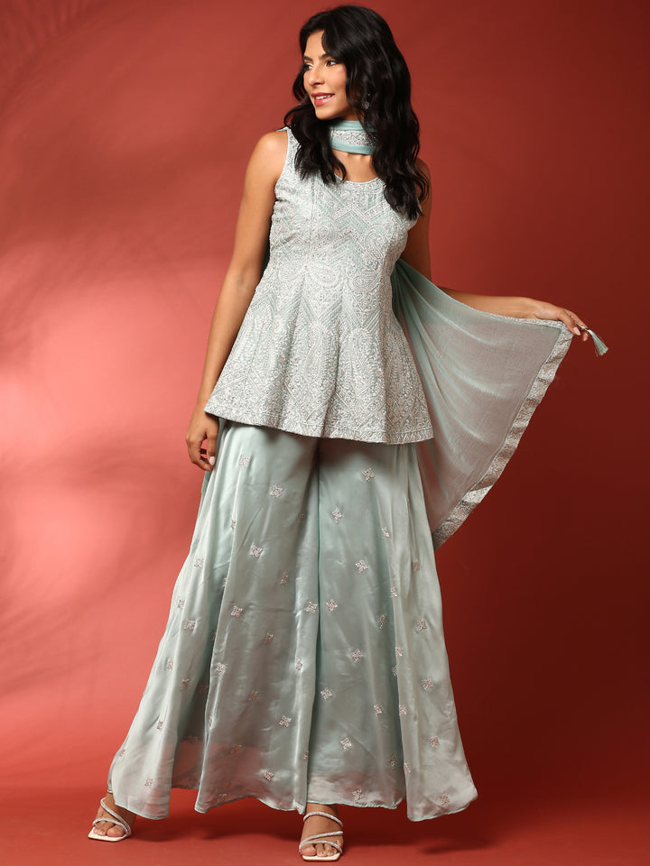 Aqua green hand embroidered three piece palazzo set