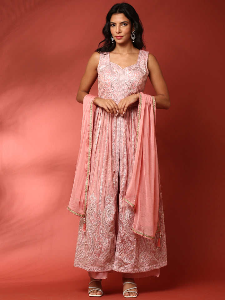 Pink thread work jacket three piece suit set