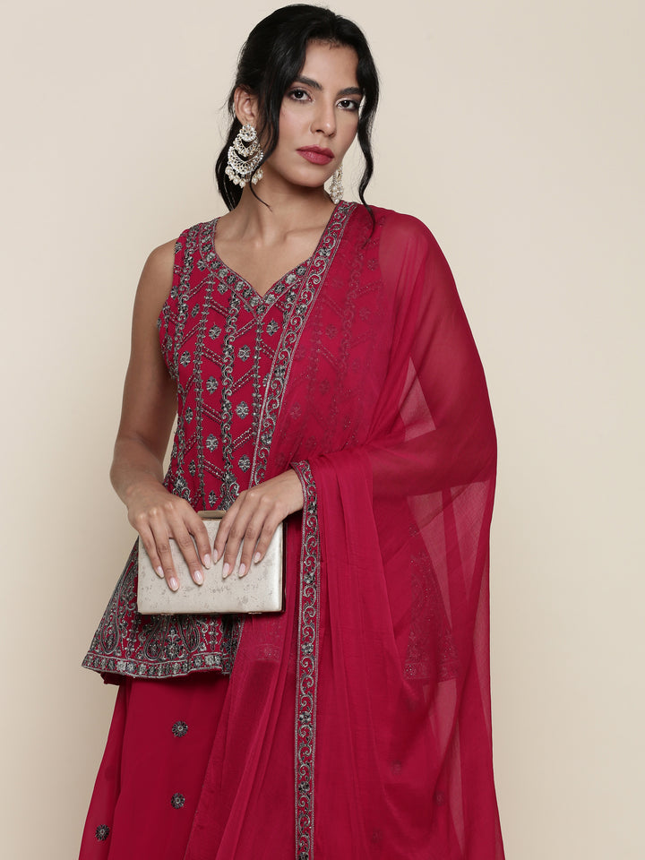 Magenta georgette embroidered peplum and palazoo Three piece set