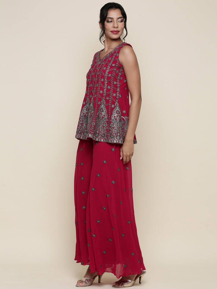 Magenta georgette embroidered peplum and palazoo Three piece set