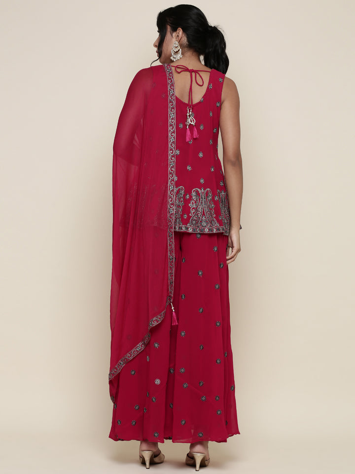 Magenta georgette embroidered peplum and palazoo Three piece set