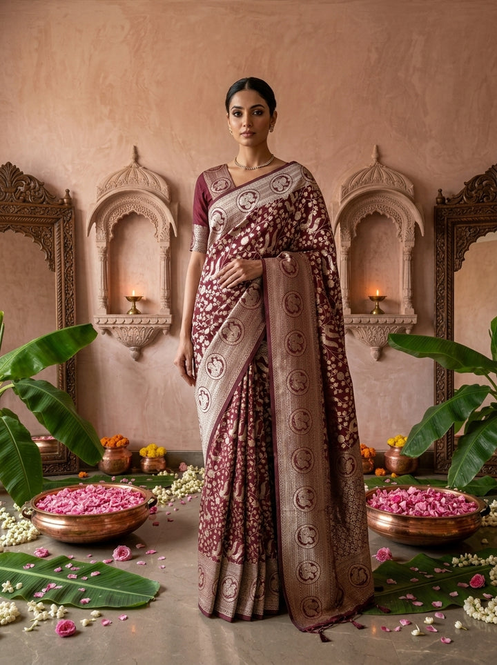 Maroon Heavy Floral Design Silk Saree