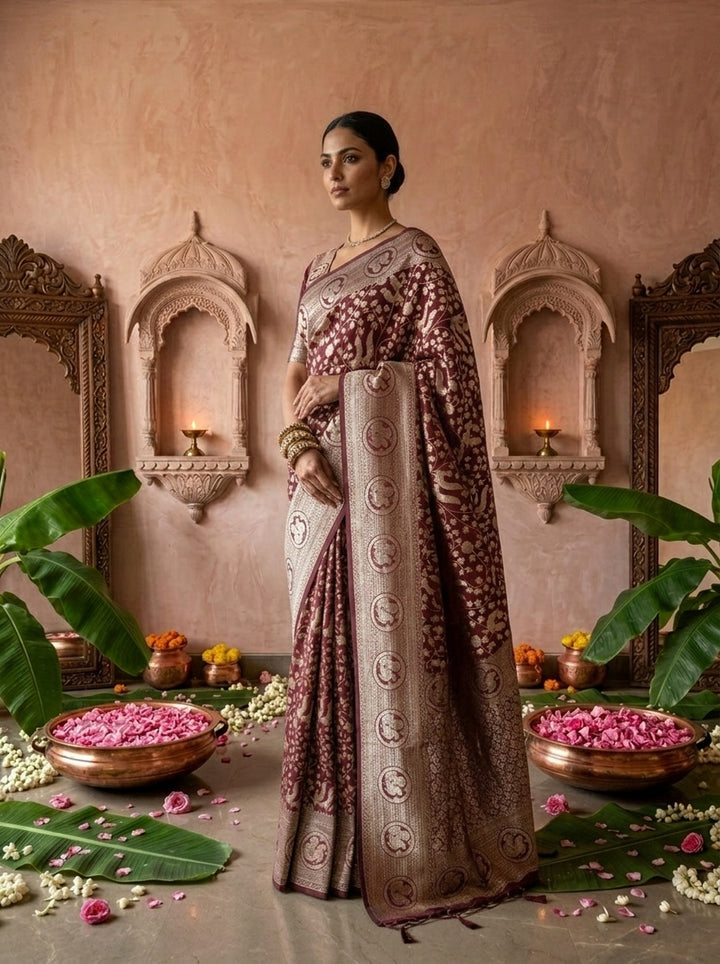 Maroon Heavy Floral Design Silk Saree