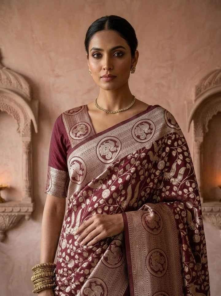 Maroon Heavy Floral Design Silk Saree