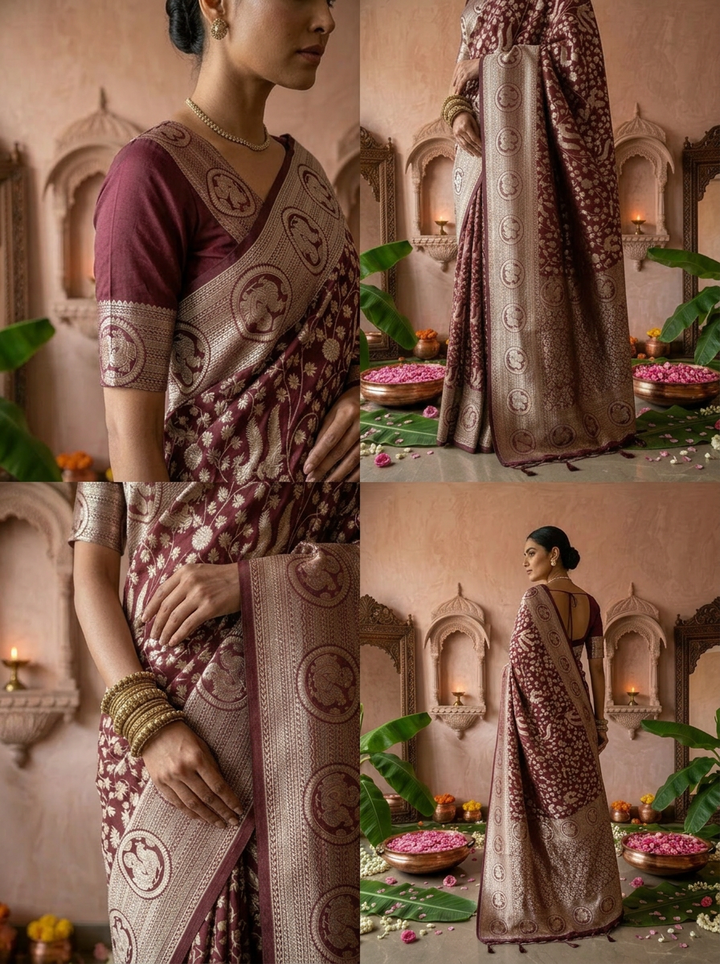 Maroon Heavy Floral Design Silk Saree