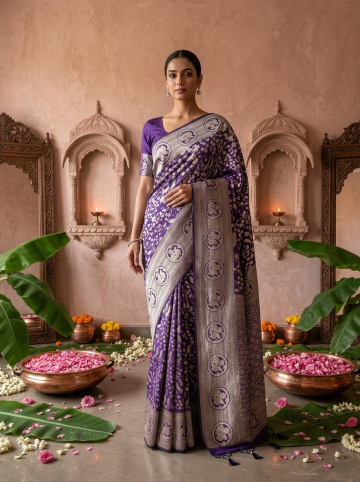 Purple Heavy Floral Design Silk Saree