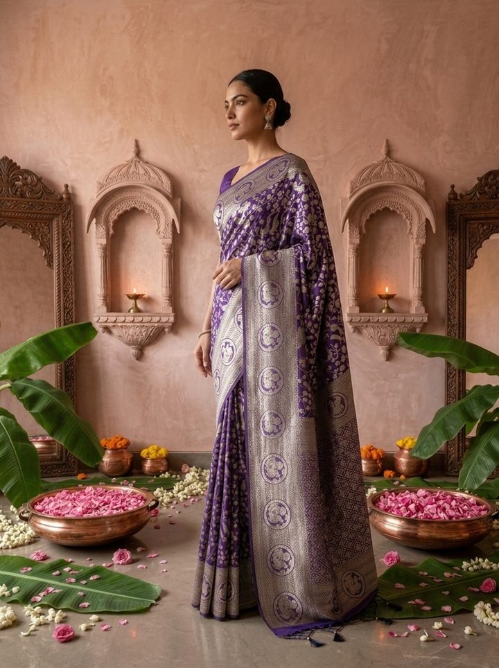 Purple Heavy Floral Design Silk Saree