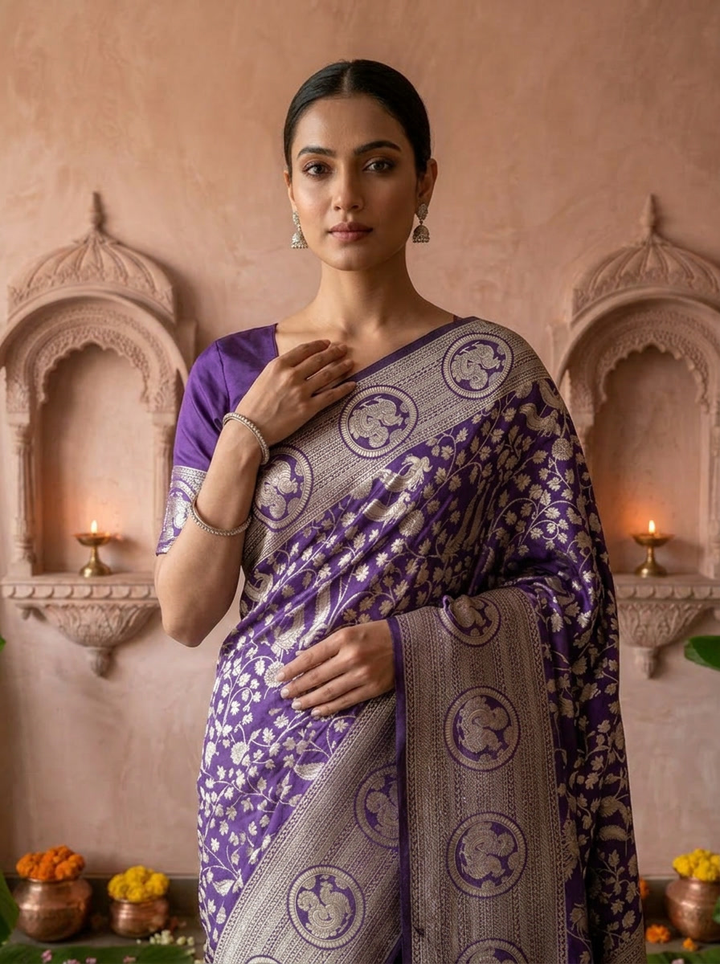 Purple Heavy Floral Design Silk Saree