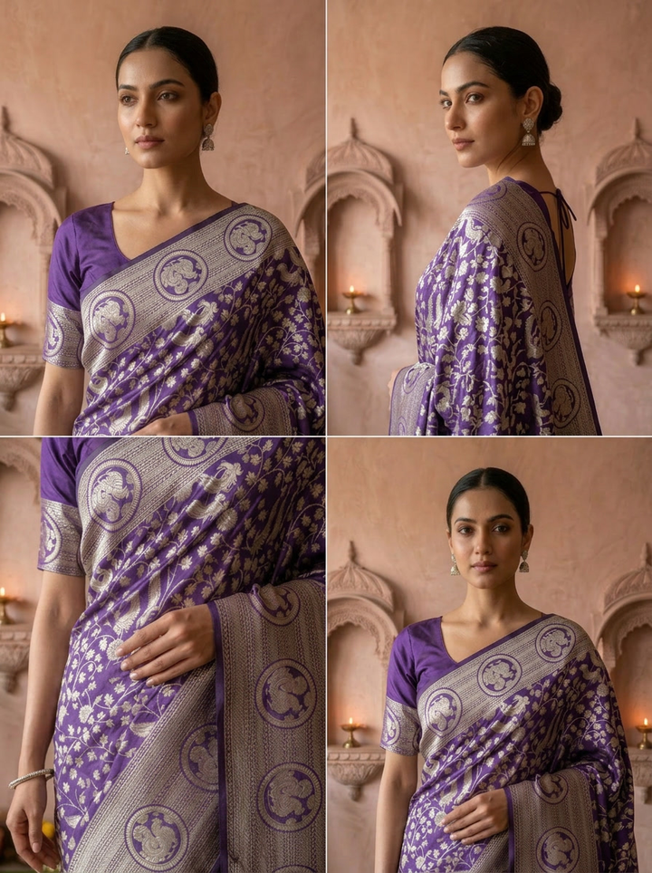 Purple Heavy Floral Design Silk Saree