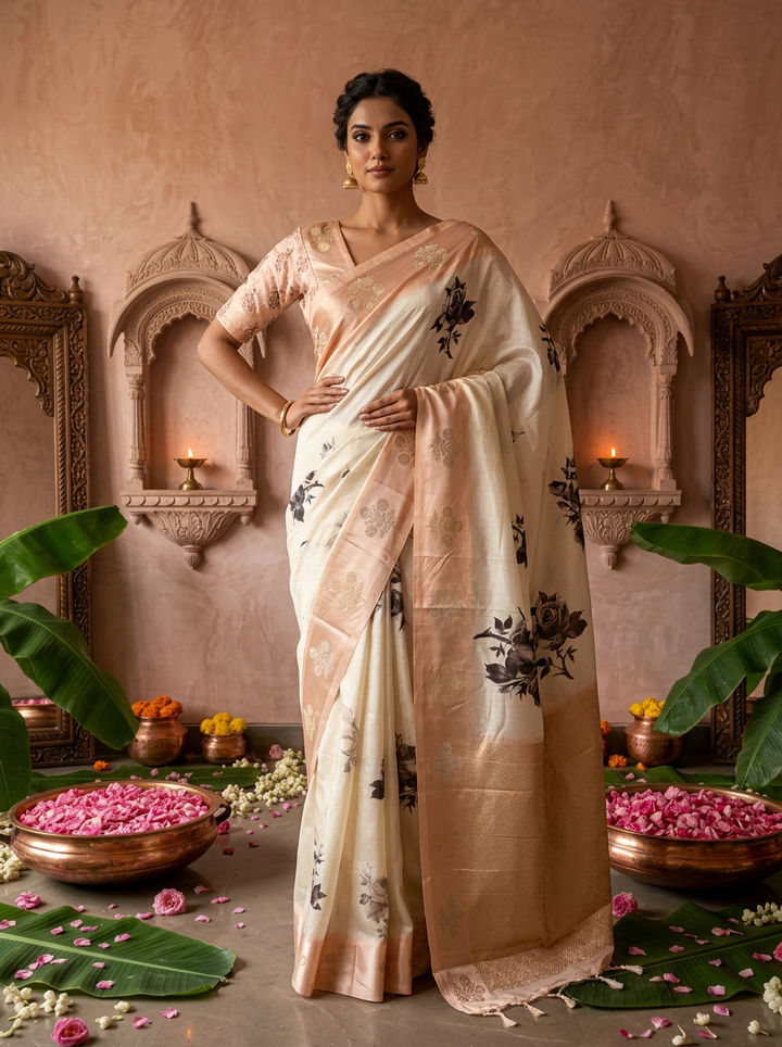 Cream Floral Printed Silk Saree
