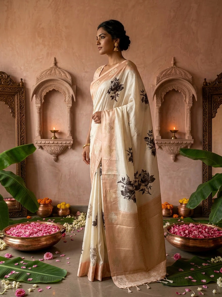 Cream Floral Printed Silk Saree