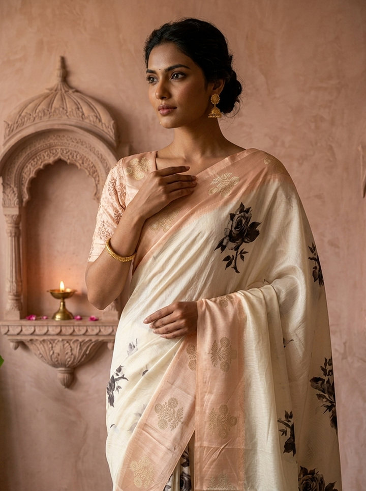 Cream Floral Printed Silk Saree