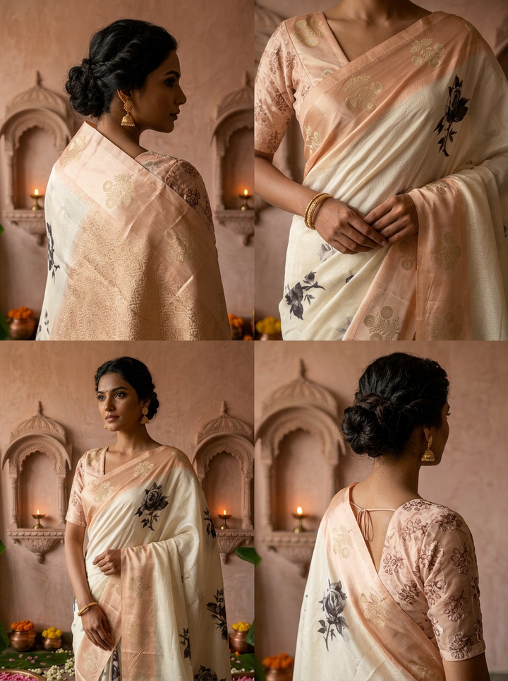 Cream Floral Printed Silk Saree